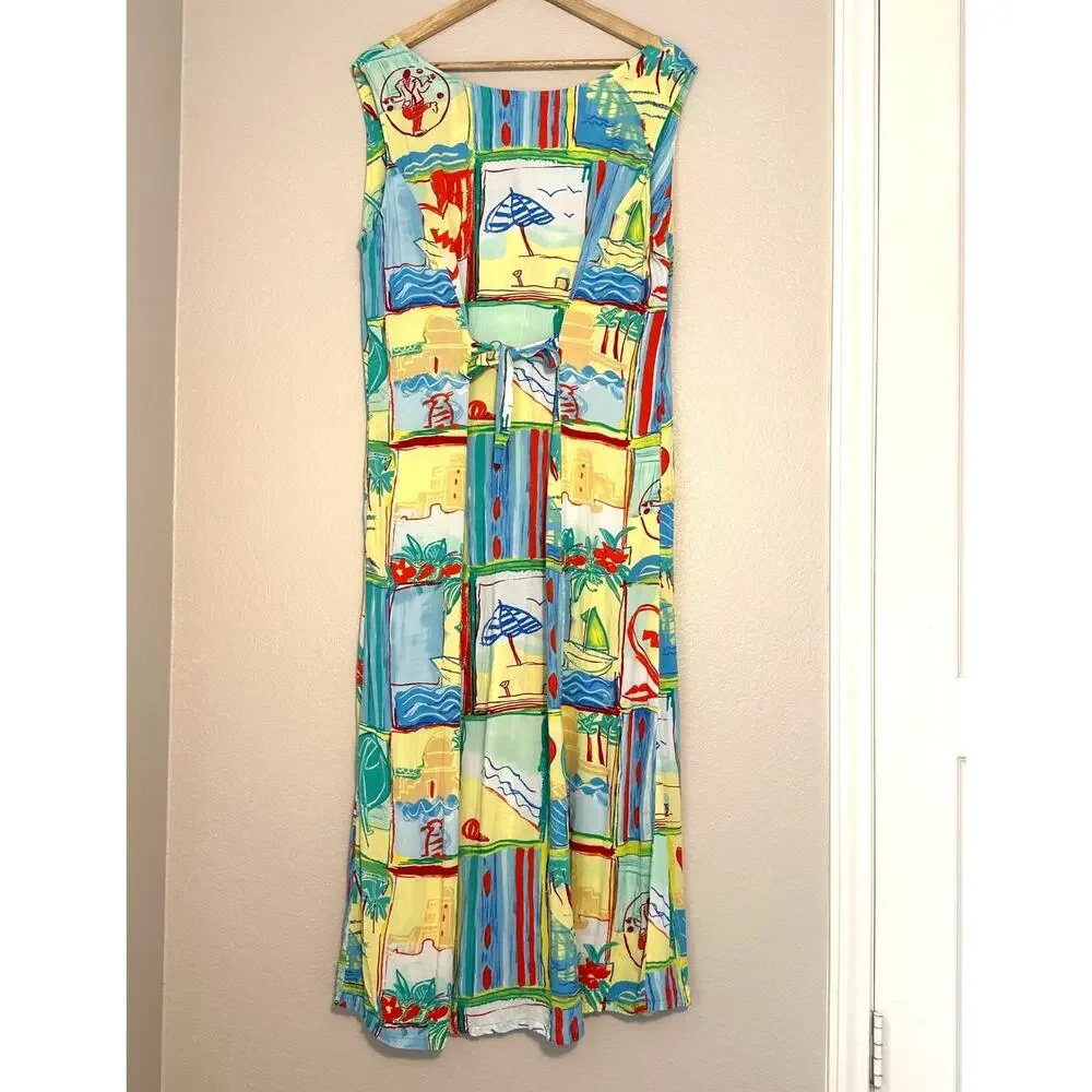 Jams world Colorful Button Front Sleeveless Midi Beachy Dress, Art to Wear, XL - Picture 2 of 12